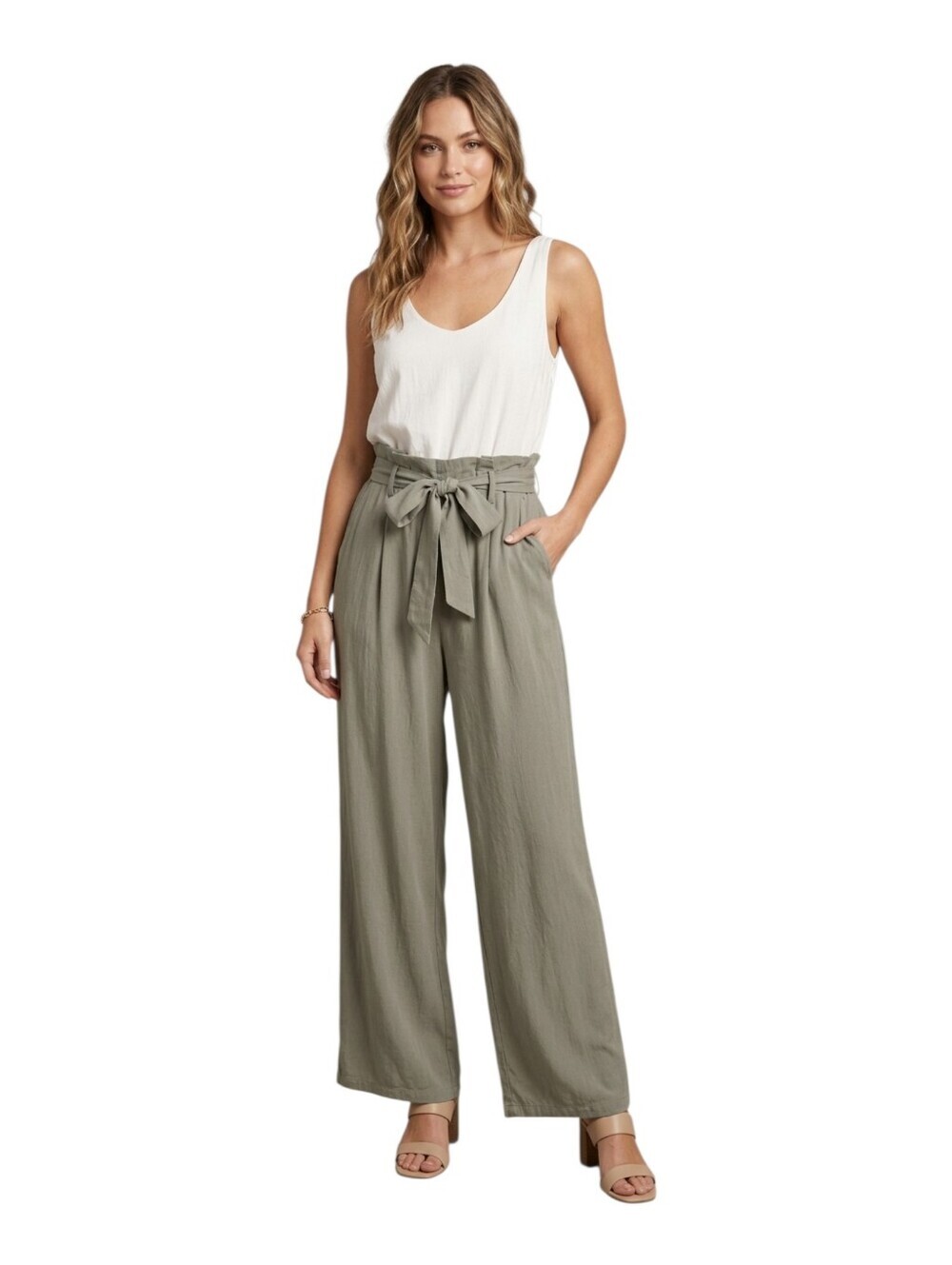 Shinestar Paperbag Waist Wide Leg Jumpsuit Green White Size Medium